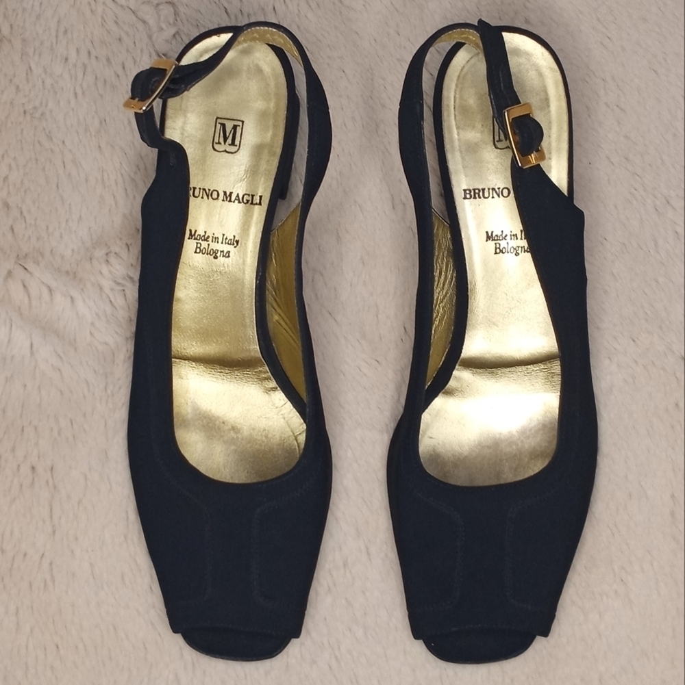 Bruno Magli Elegant Leather and Matte Satin Classic Block Heel Slingback Shoes